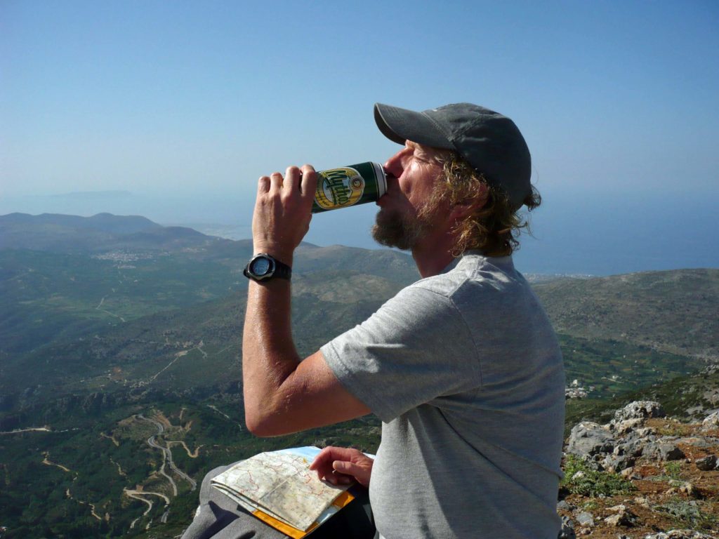 Drinking Mythos out of the can on Korfi in the Lassithi, Crete